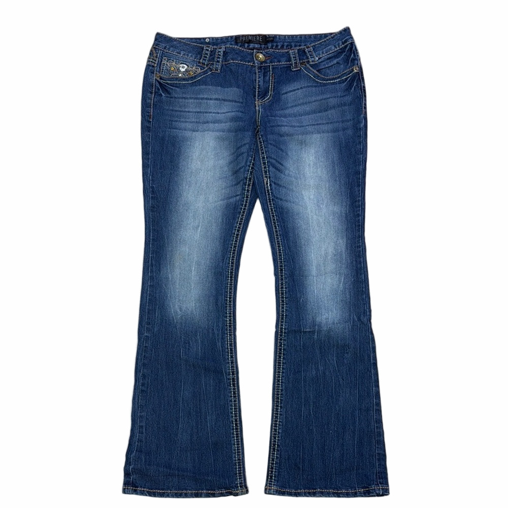 Premiere Denim Blue low rise classic Bootcut Leg Jeans. Subtle Fading Stretch